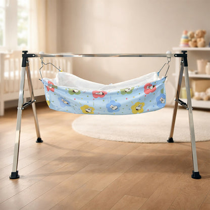 Close-up of cozy fabric hammock in baby cradle with foldable stand