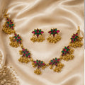 Gold Plated Floral Kundan Necklace Set with Matching Earrings and Ghungroo Details