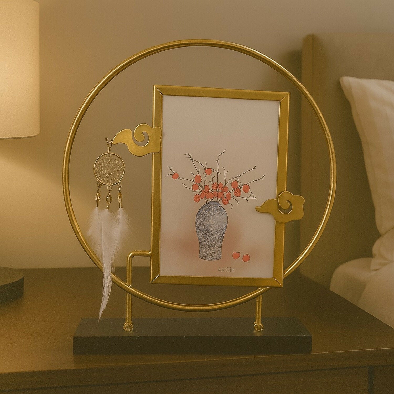 Premium Golden Metal Ring Photo Frame with Dreamcatcher Charm | 4x6 Inch Vertical Decorative Picture Frame for Home Office Table Décor | Artistic Circle Stand Photo Holder for Living Room, Bedroom & Gifting