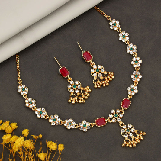 Romantic Rose Gold Ruby Red Crystal Heart Necklace Set