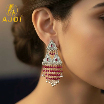 Royal Ruby Red Layered Designer Earrings with Statement Drop and Stone Detailing