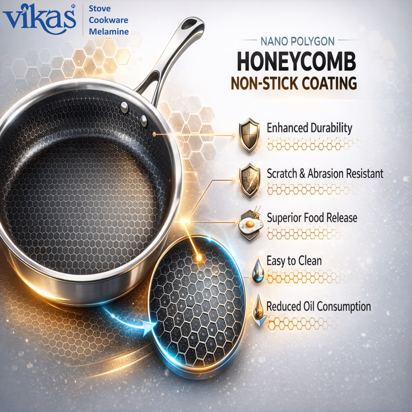 Close-up of honeycomb non-stick pattern on Vikas Frypan
