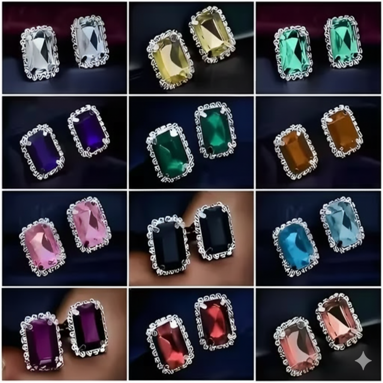 Woman wearing an emerald cut crystal stud earring, showcasing its elegance.