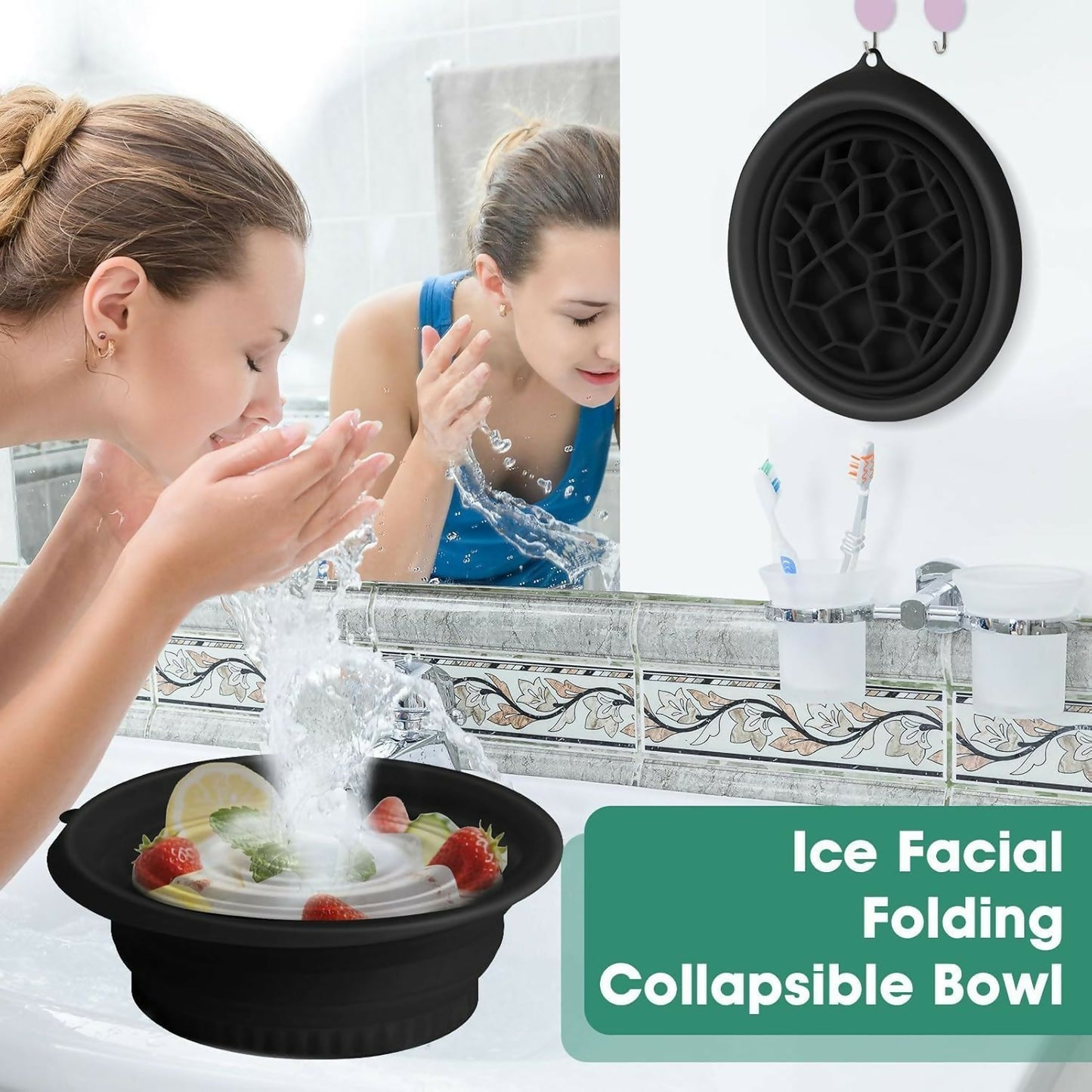 A woman splashes water on her face over a black silicone bowl with fruit, and a mold hangs on the wall.