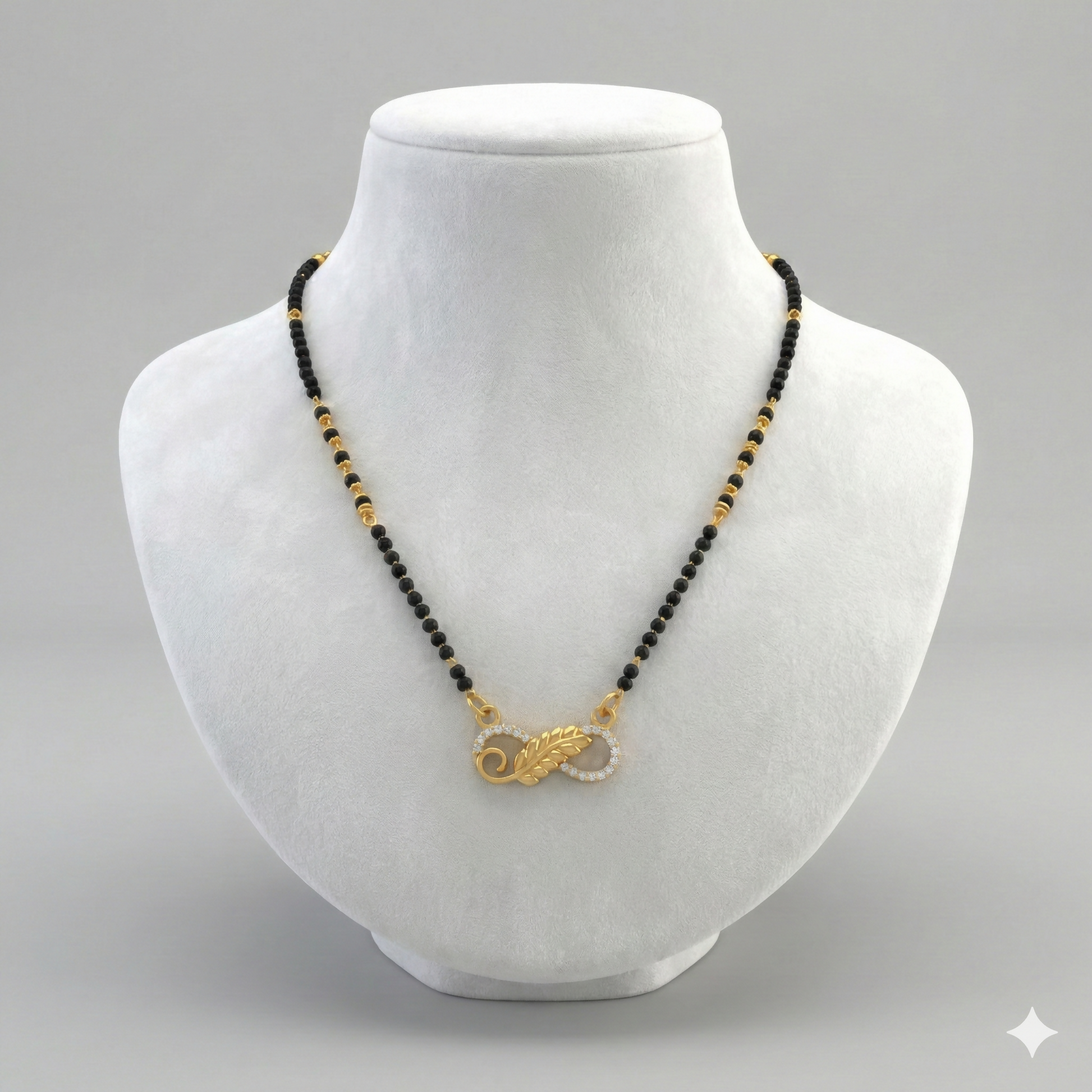 Gold Plated Infinity Leaf AD Mangalsutra with Black Beads for women