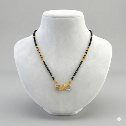 Gold Plated Infinity Leaf AD Mangalsutra with Black Beads for women