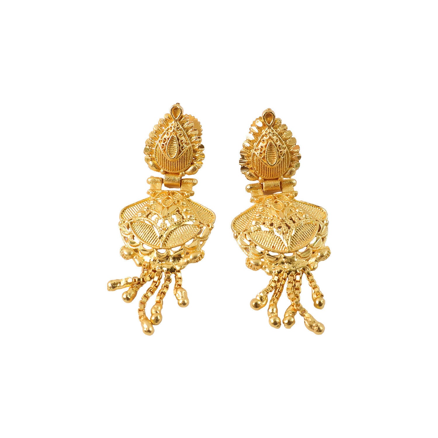 Luxurious Festive Wear Gold Dangle Earrings with Intricate Carved Design and Hanging Gold Beads
