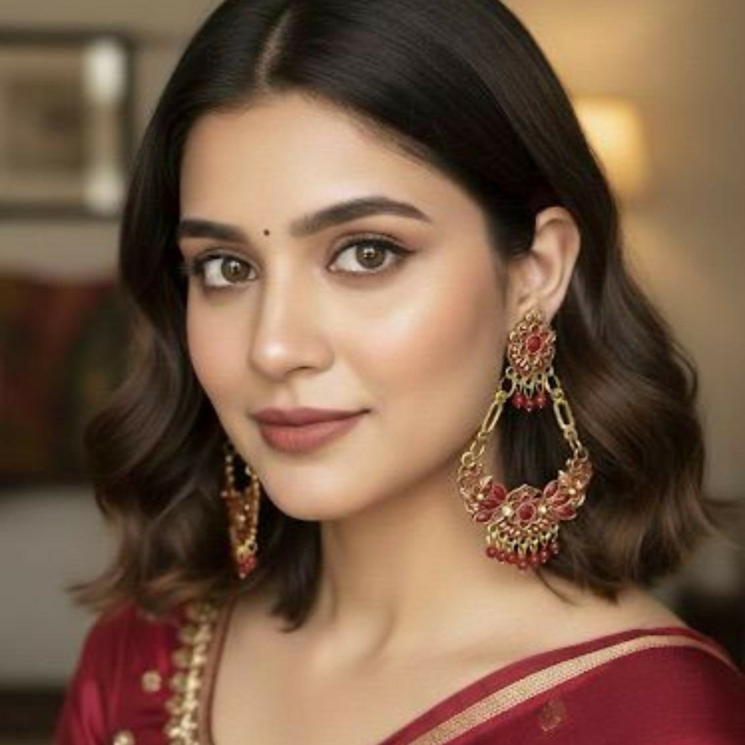 Antique Gold-Plated Red Stone Floral Chandbali Earrings for Women