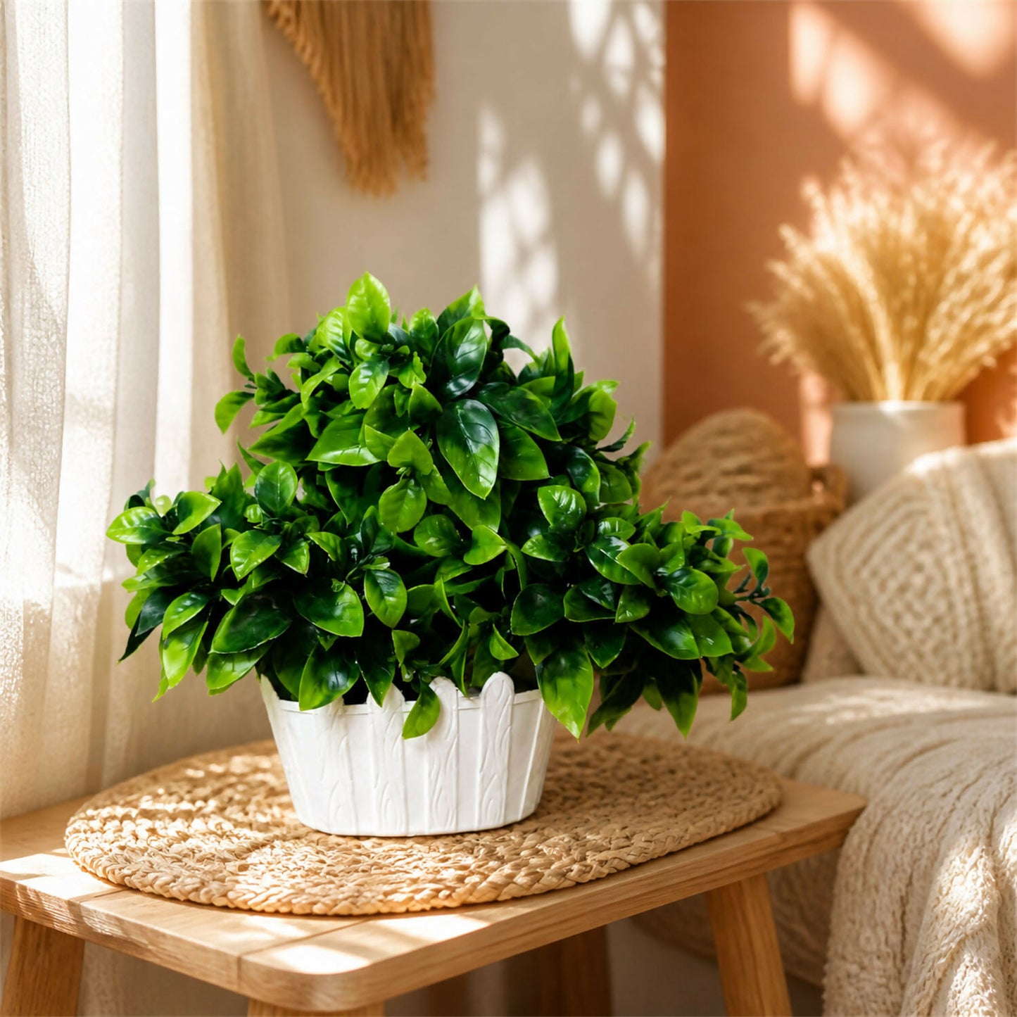 Artificial Green Leaf Bushy Bonsai Plant in White Wood Texture Oval Pot Home Decor