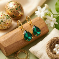 Graceful Emerald Green Teardrop Crystal Earrings with Gold Tone Hoops for Women