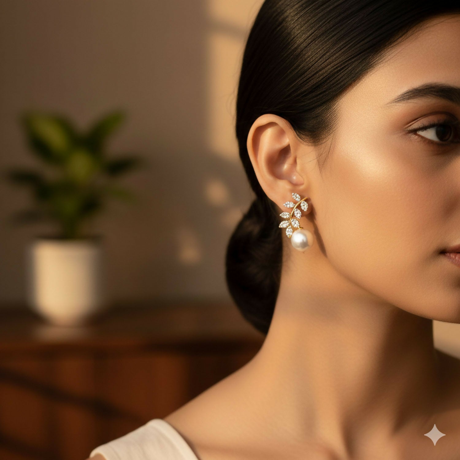 Close-up of botanical leaf and pearl design on ear climbers