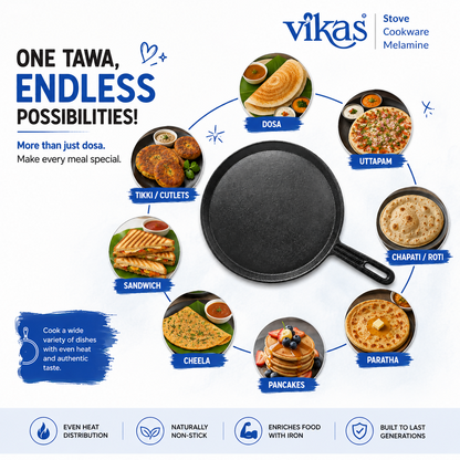 Close-up of the Vikas Cast Iron Dosa Tawa handle