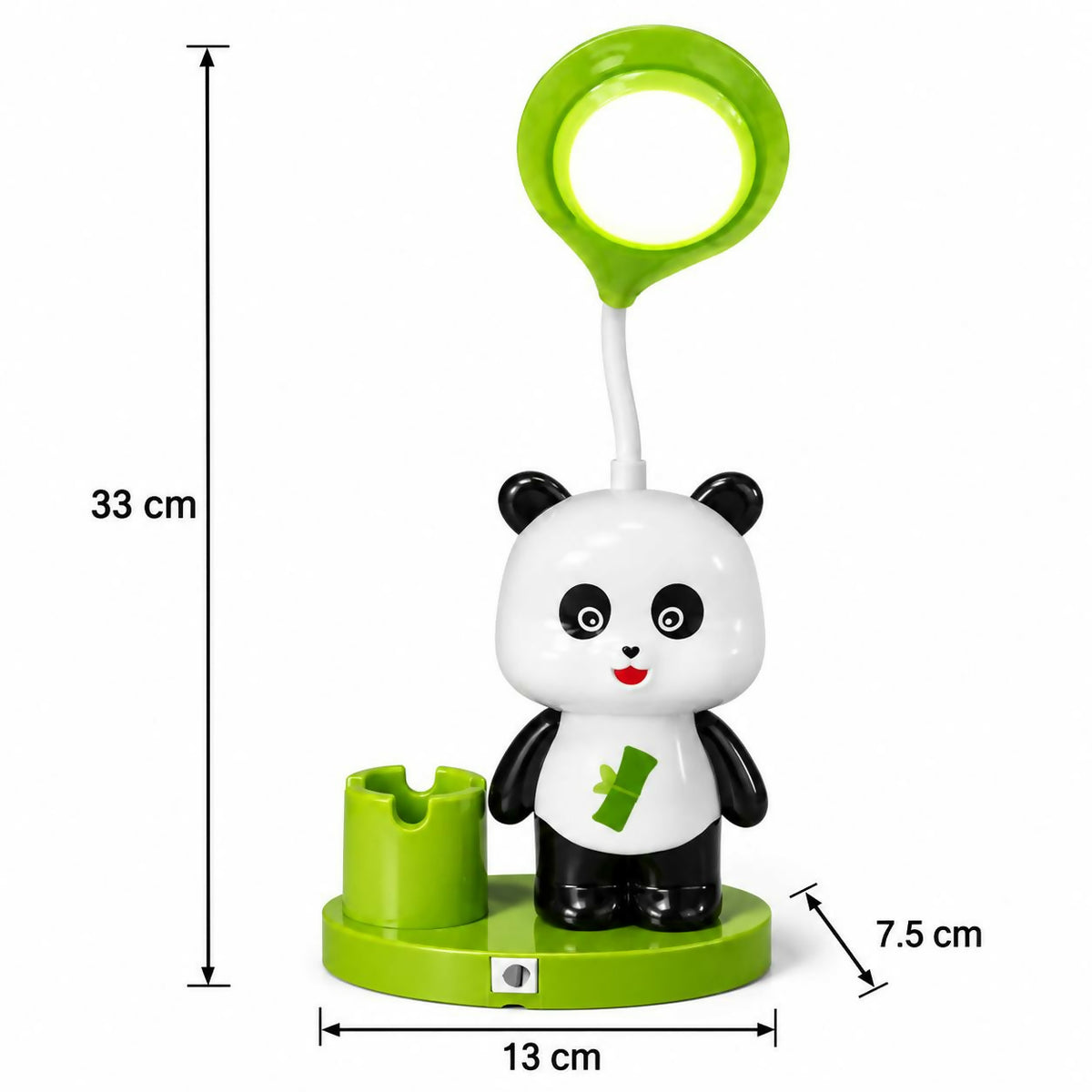 A white and black panda desk lamp with a green base, showing its dimensions of 33 cm height, 13 cm width, and 7.5 cm depth.