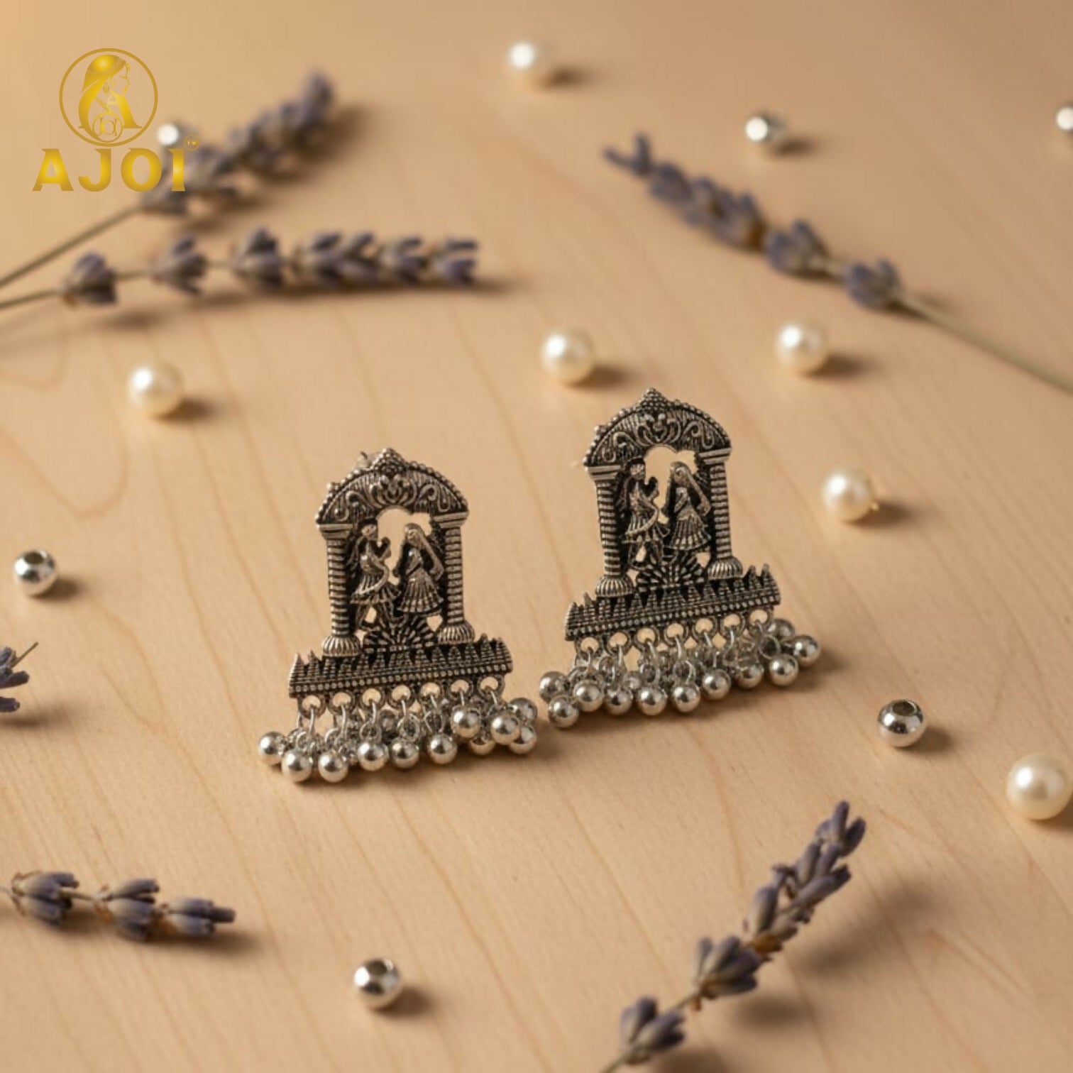 Oxidized Silver Temple Earrings – Handcrafted Radha Krishna Design with Ghungroo Drops