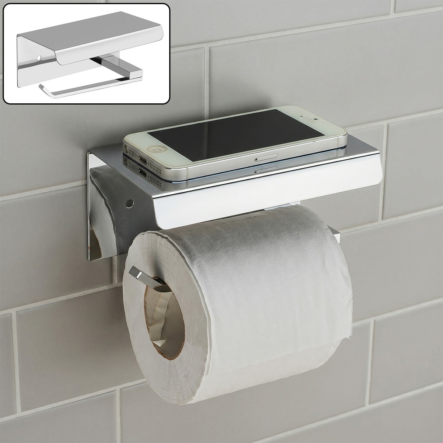 Stainless steel toilet paper holder with shelf and chrome finish