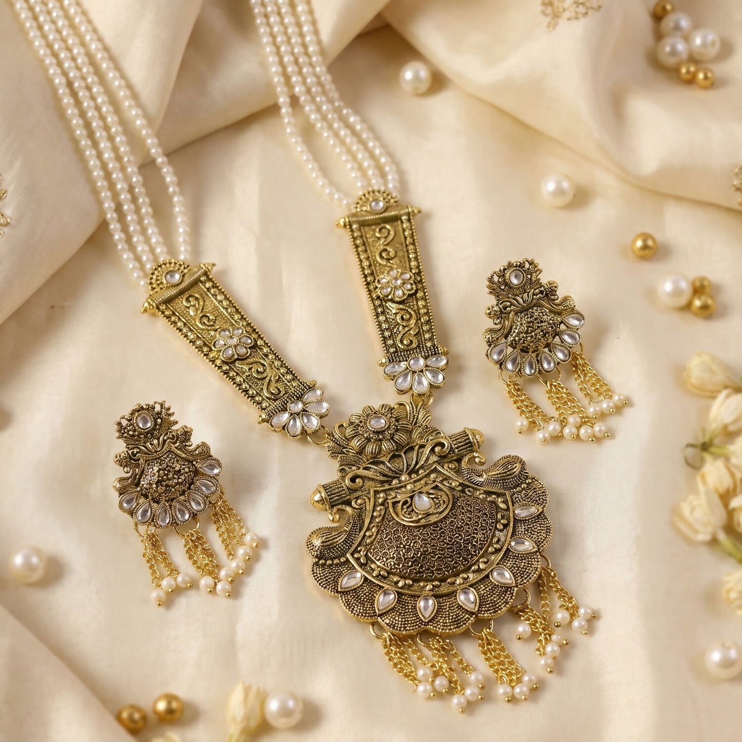 Close-up of pendant detailing on gold and pearl necklace