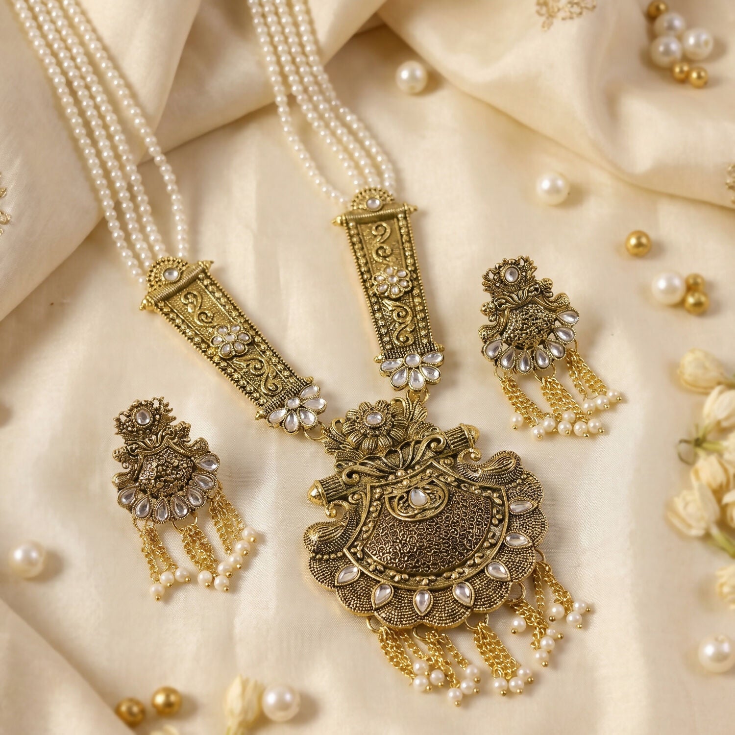 Close-up of pendant detailing on gold and pearl necklace