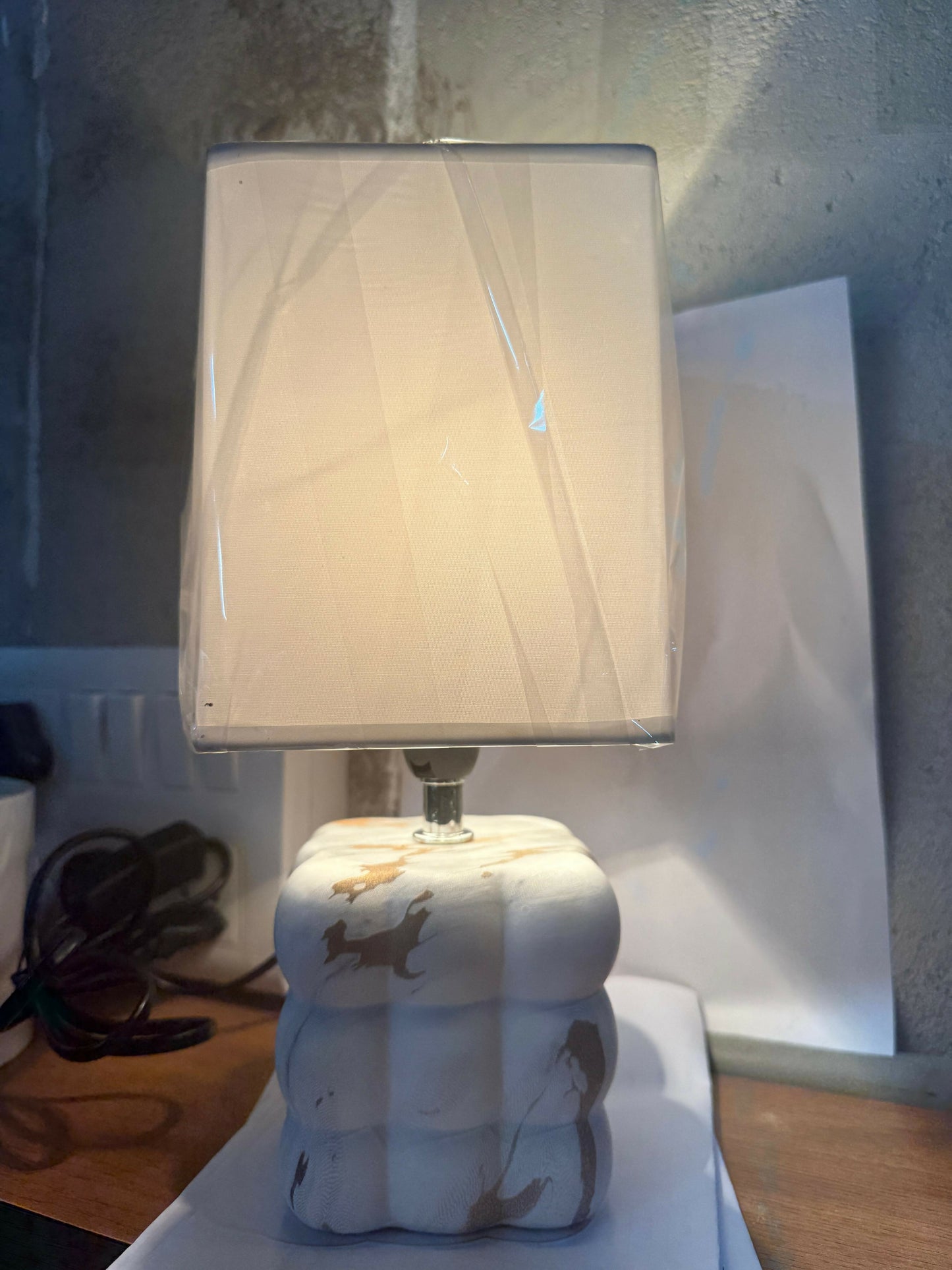 Luxury White Marble-Texture Ceramic Table Lamp with Square Fabric Shade | Artistic Bubble-Design Base Night Lamp for Bedroom, Living Room & Study | Warm Ambient Decorative Home Lighting