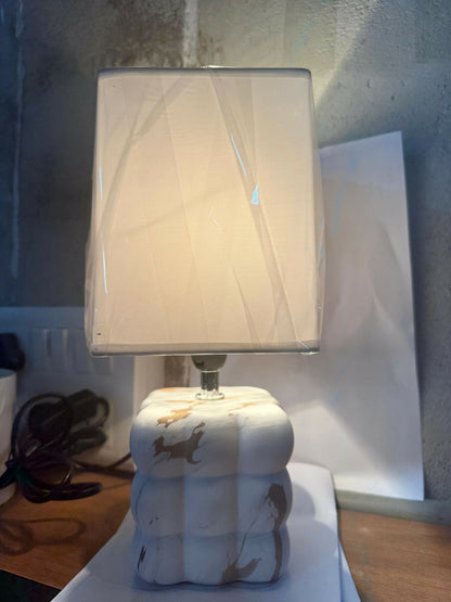 Luxury White Marble-Texture Ceramic Table Lamp with Square Fabric Shade | Artistic Bubble-Design Base Night Lamp for Bedroom, Living Room & Study | Warm Ambient Decorative Home Lighting