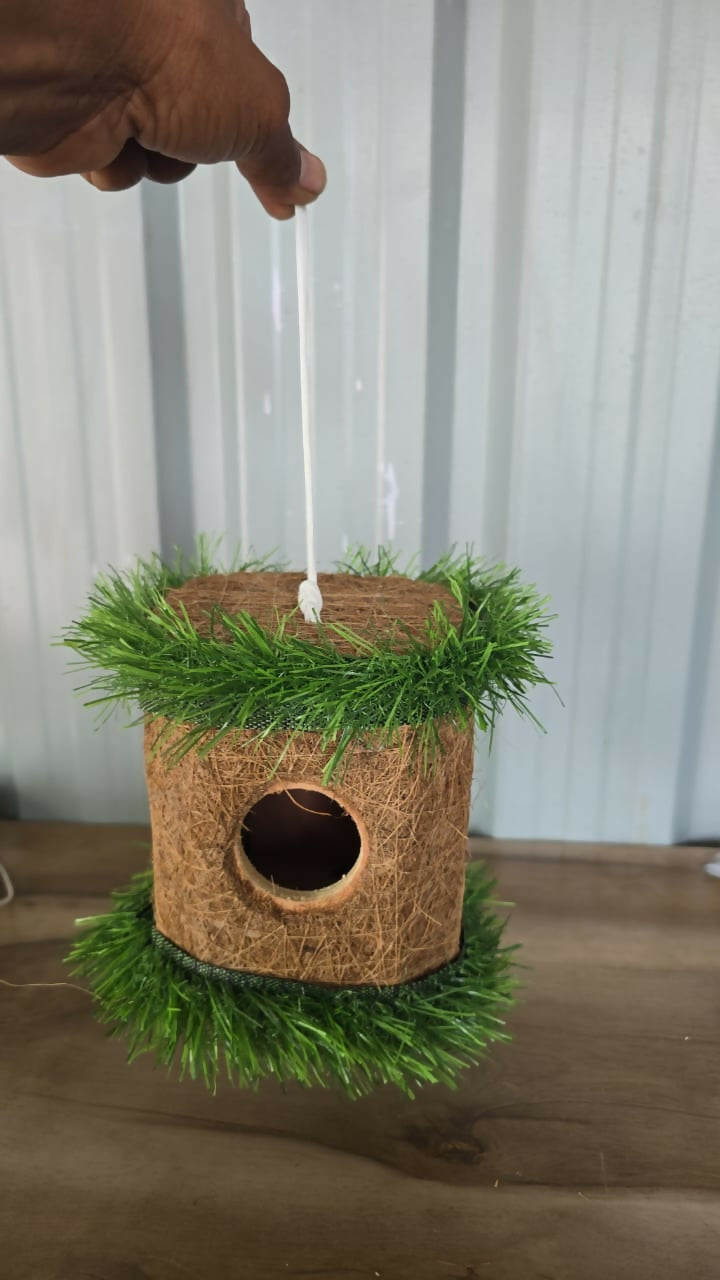 Coir bird house from a different angle, highlighting its eco-friendly design