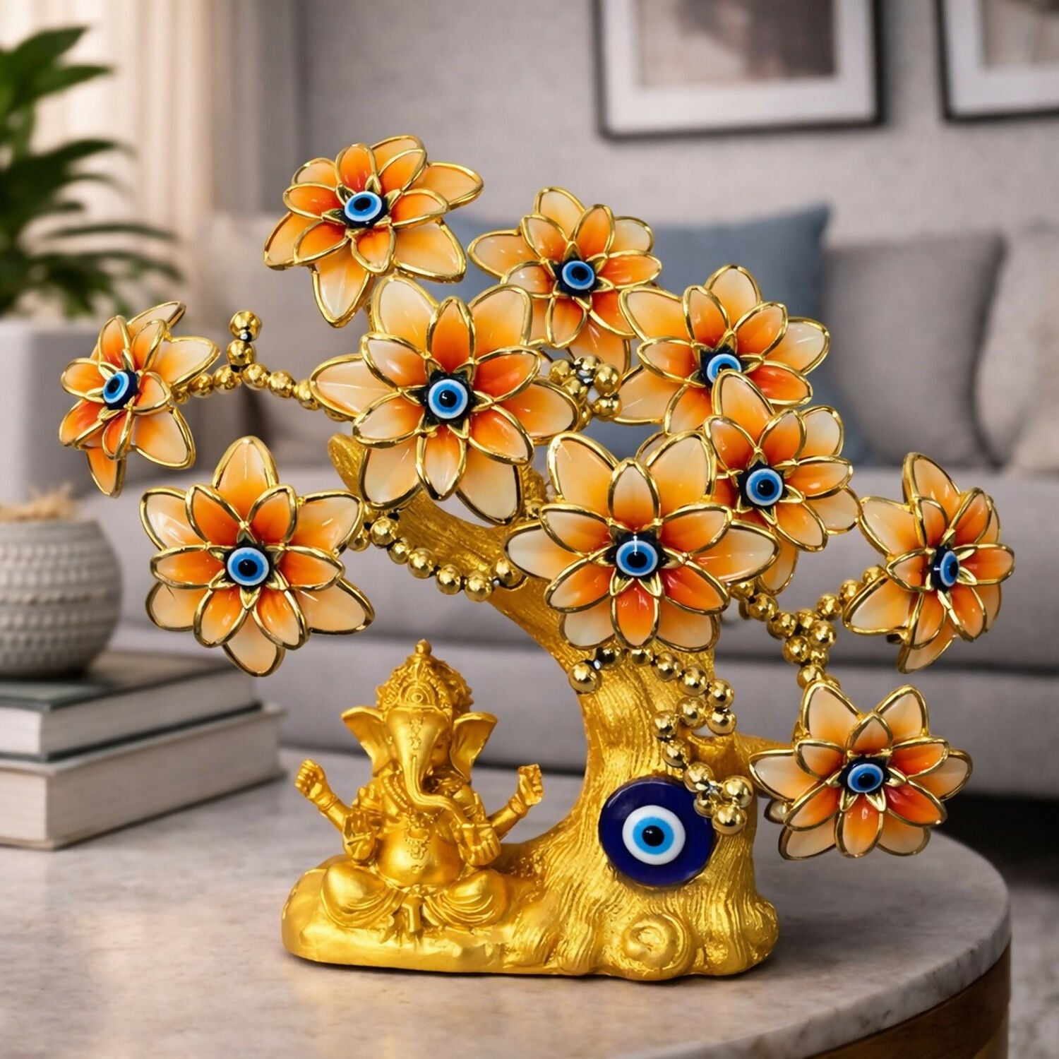 Golden Ganesha Tree Showpiece with Evil Eye for Home Décor & Gift