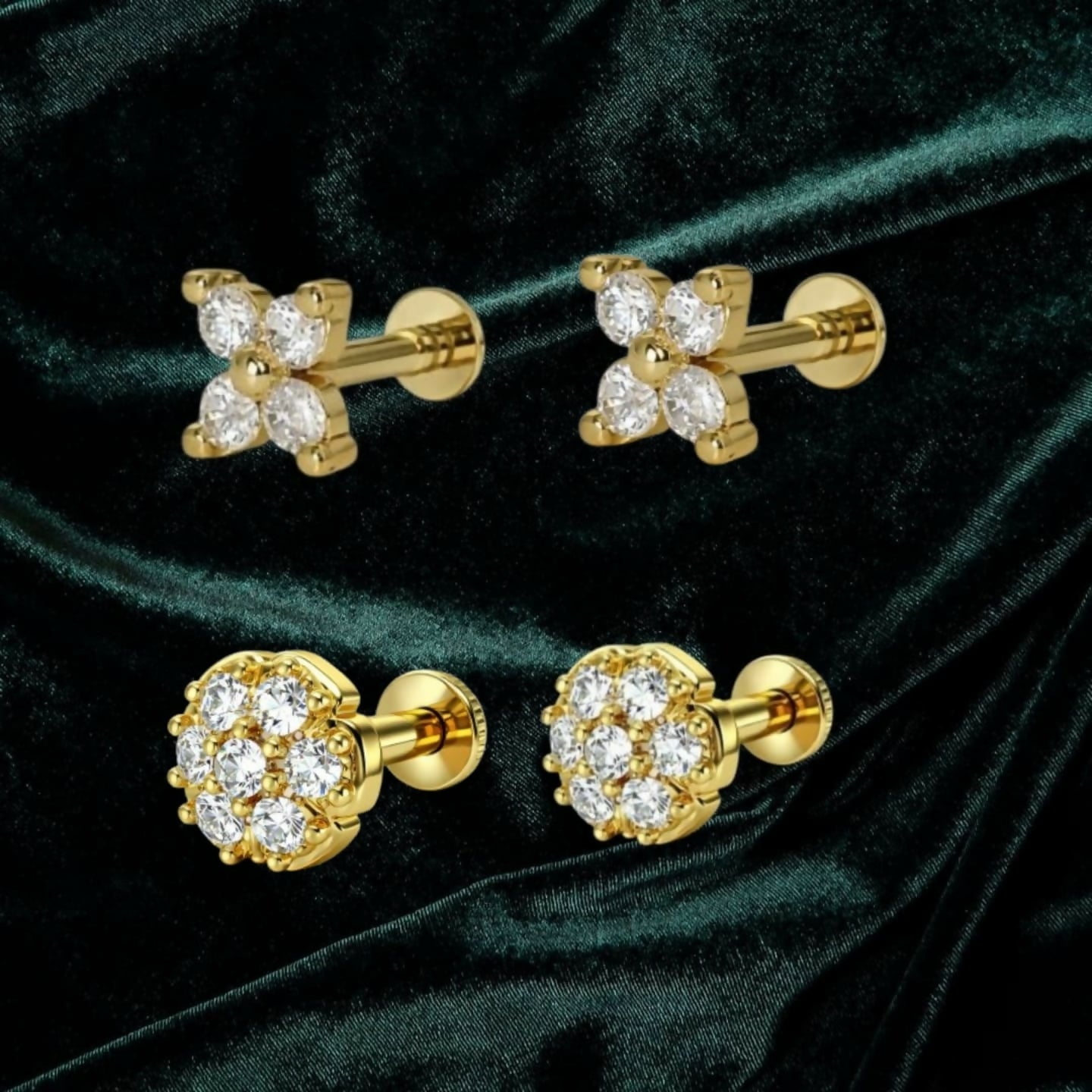 Gold plated flower crystal stud earrings featuring a 7-stone circular bloom design