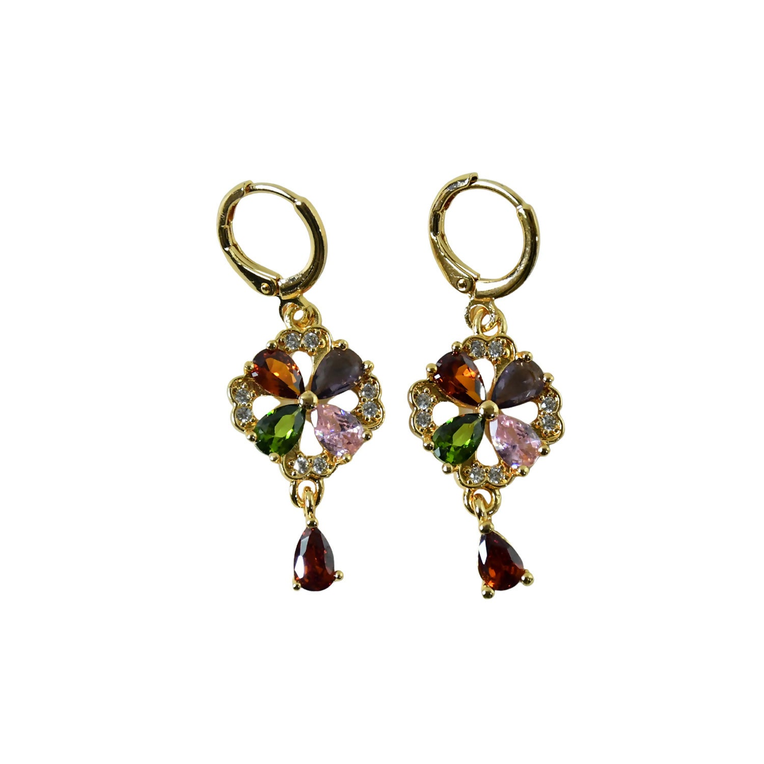 Gold-Tone Multicolor Crystal Floral Drop Hoop Earrings for Women