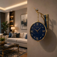 Blue Luxury Double Sided Hanging Wall Clock with Bird Decor