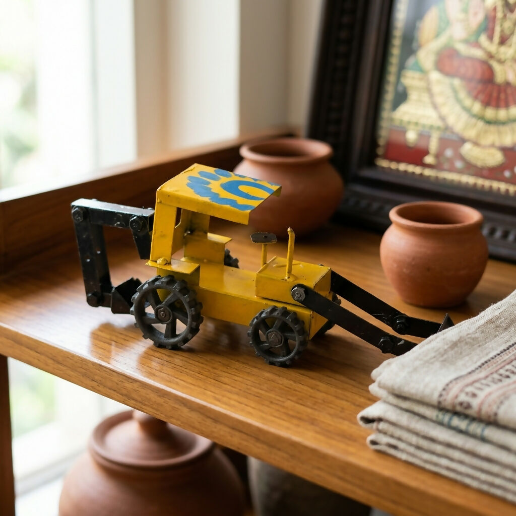 Side view of vintage yellow metal loader tractor miniature