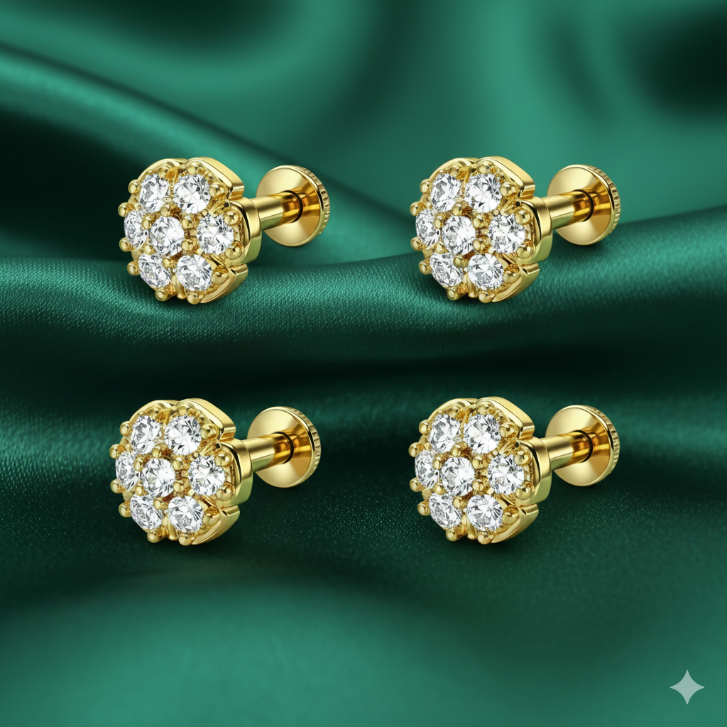 Close-up of flower cluster flat back stud earrings showcasing gold plating and cubic zirconia stones
