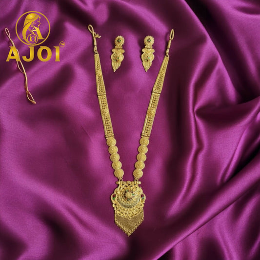 Royal Glow long necklace set with gold-tone filigree pendant and tassel fringe