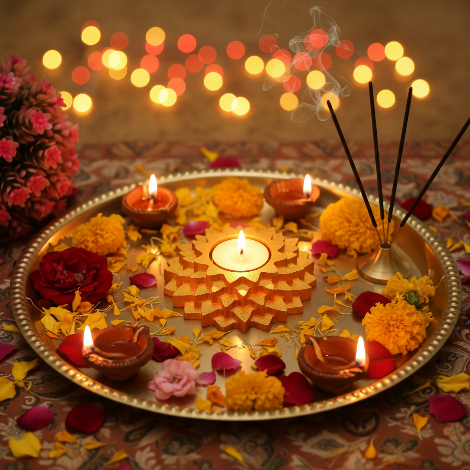 Flower 5-Step Decorative Diya Multi-Purpose Tealight Candle Holder, Dhoop Cone Stand, Pooja Diya & Mini Planter (Red, Rose Gold, Metallic Pink)