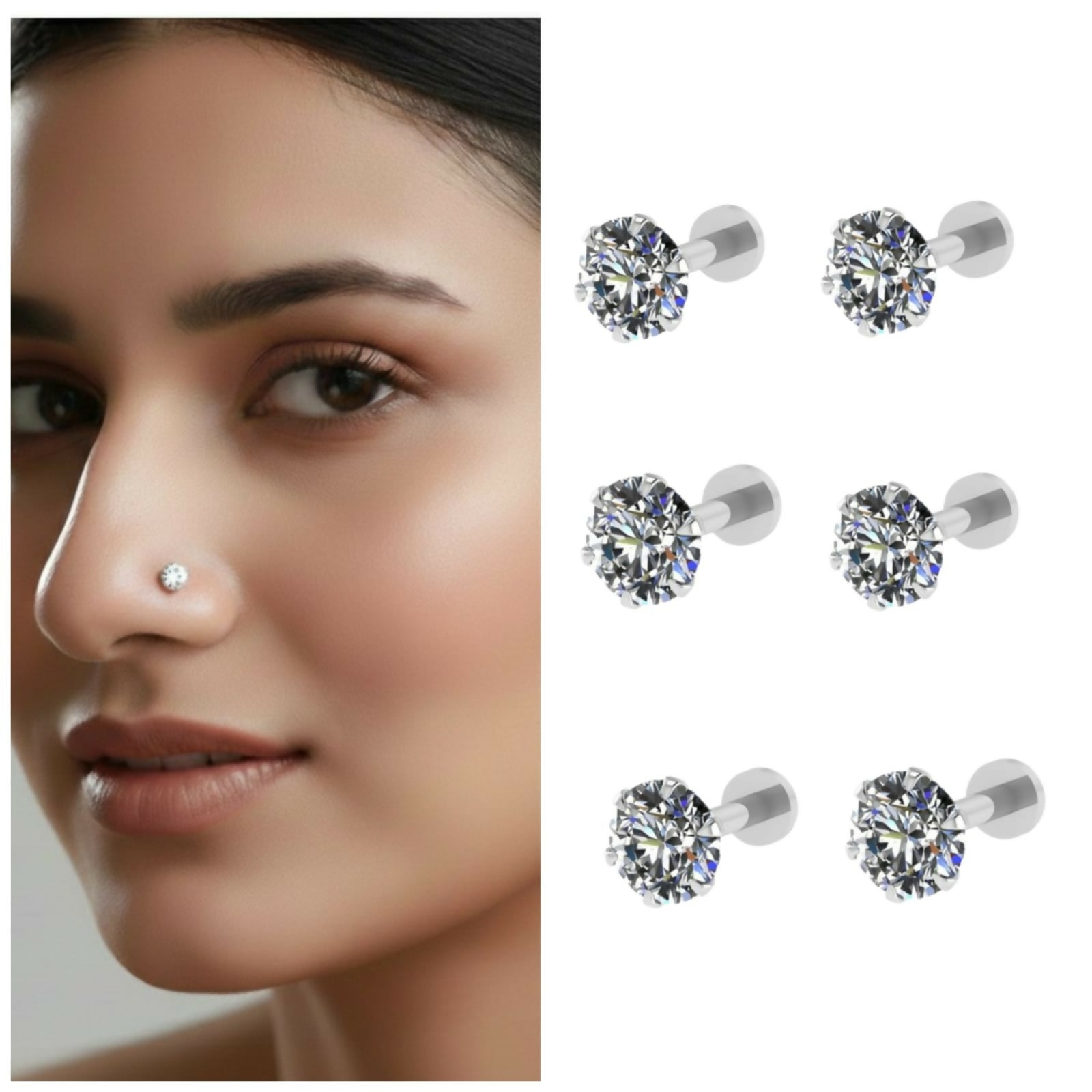 silver plated AD nosepin stud Flat Back Stud for women and girls Combo Pack of 6