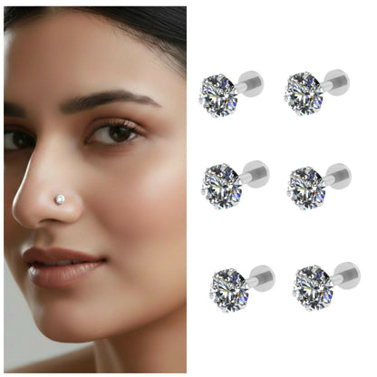 silver plated AD nosepin stud Flat Back Stud for women and girls Combo Pack of 6