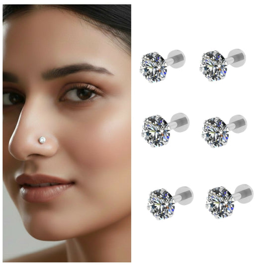 silver plated AD nosepin stud Flat Back Stud for women and girls Combo Pack of 6