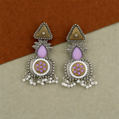 Elegant Blush Pink & Pearl Embellished Statement Drop Earrings with Antique Silver Finish and Intricate Floral Filigree Design