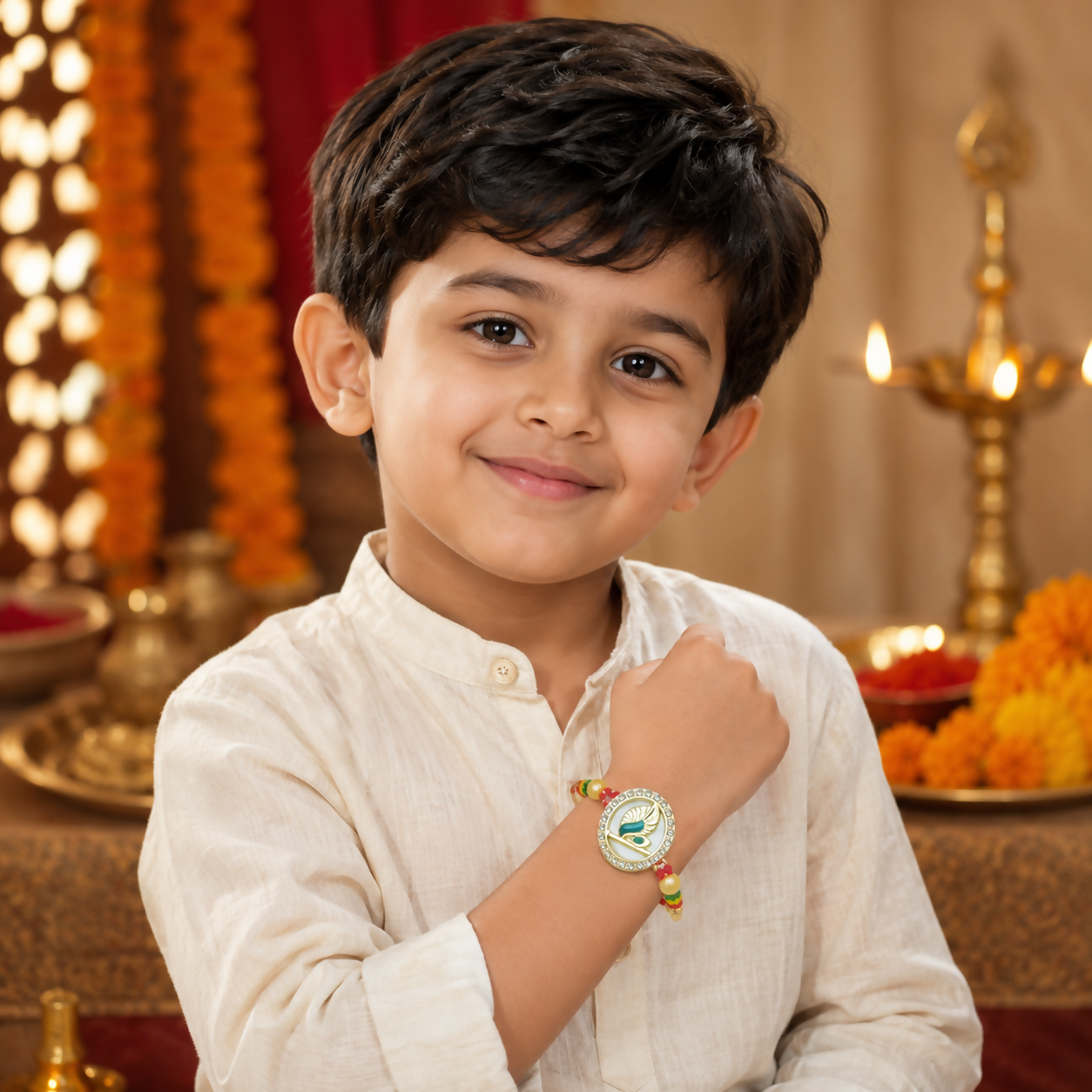 A young boy smiles, wearing a golden Mor Pankh design with American diamonds and pearls on a red thread on his wrist.