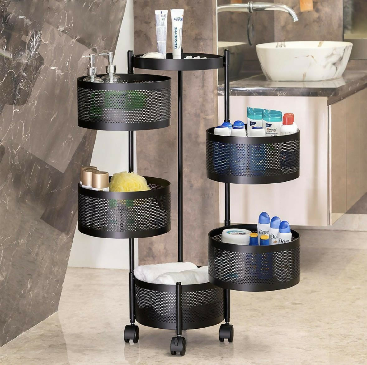 Compact Round 5-Basket Kitchen Trolley with Ventilated Mesh & 360° Swivel Wheels