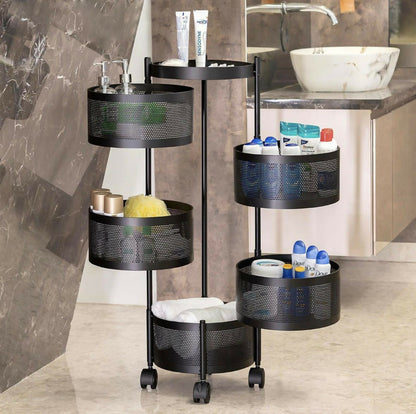 Compact Round 5-Basket Kitchen Trolley with Ventilated Mesh & 360° Swivel Wheels