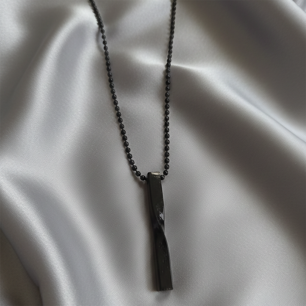 Sleek black twisted bar chain pendant front view