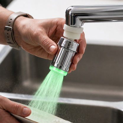 Close-up of a hand holding a chrome faucet sprayer emitting a bright green stream of water into a sink.