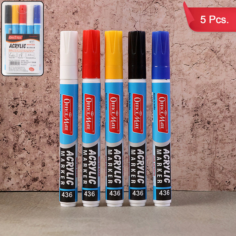 Soni Officamate Acrylic Marker Pen Set – 5 Color Pack, Water-Based, Quick Dry, Non-Toxic & Multi-Surface