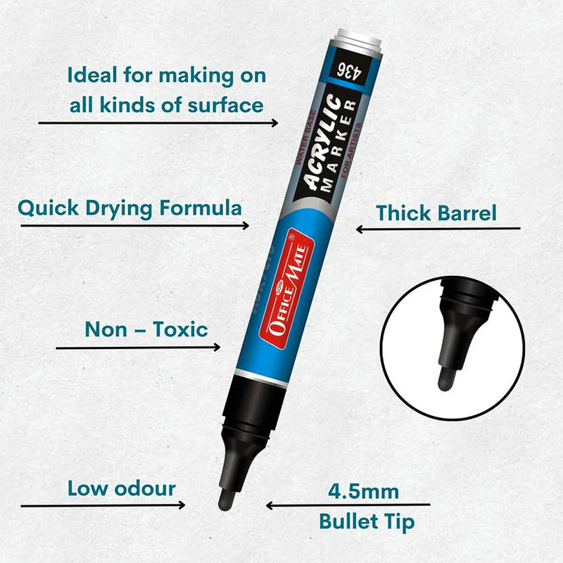 Soni Officamate Acrylic Marker Pen Set – 5 Color Pack, Water-Based, Quick Dry, Non-Toxic & Multi-Surface