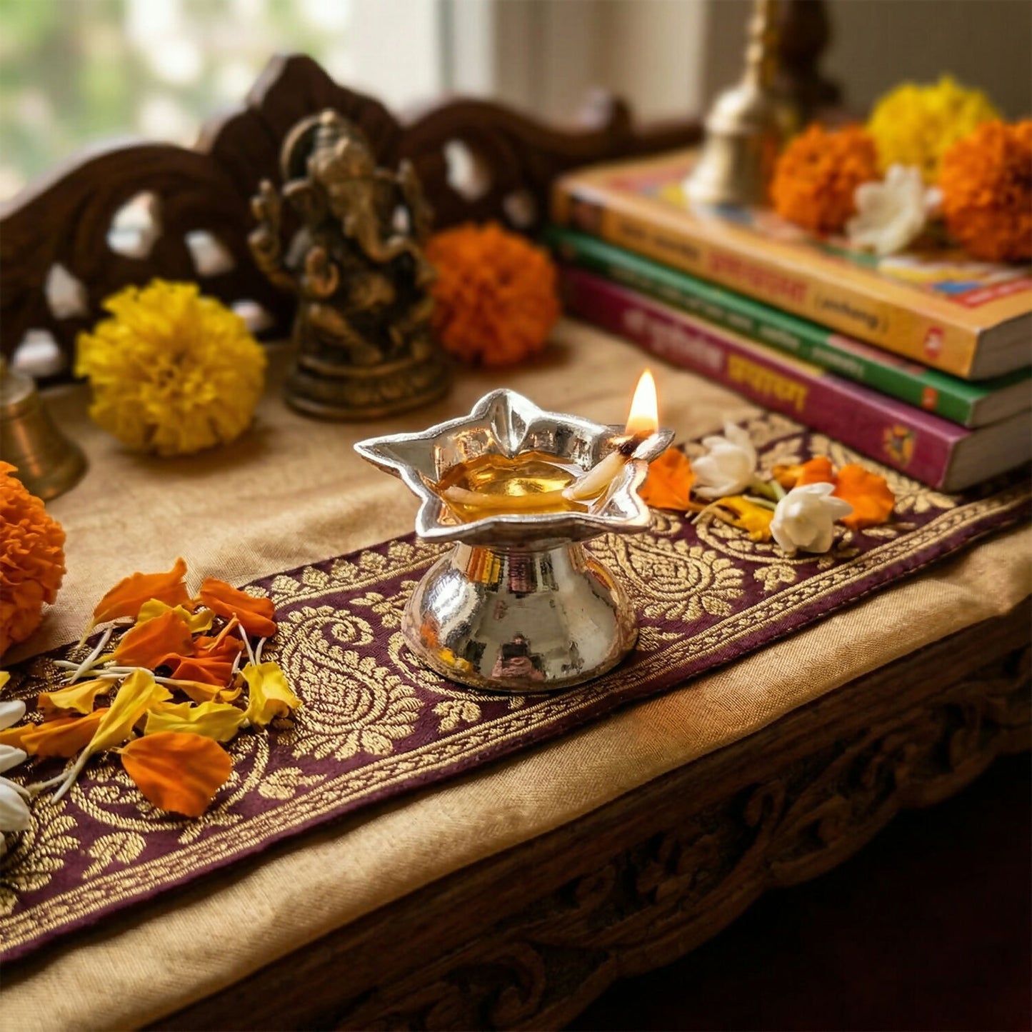 Silver Star-Shaped Oil Diya Lamp for Pooja, Festivals & Home Decoration