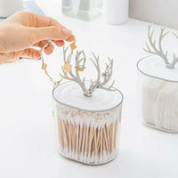 Pack of 1 Deer Antlers Cotton Swab Storage Box | Transparent Multi-Purpose Organizer Jar with Antler Lid for Cotton Buds, Pads, Makeup Accessories, Jewelry & Bathroom Storage | Cute Decorative Container for Home, Dressing Table & Vanity