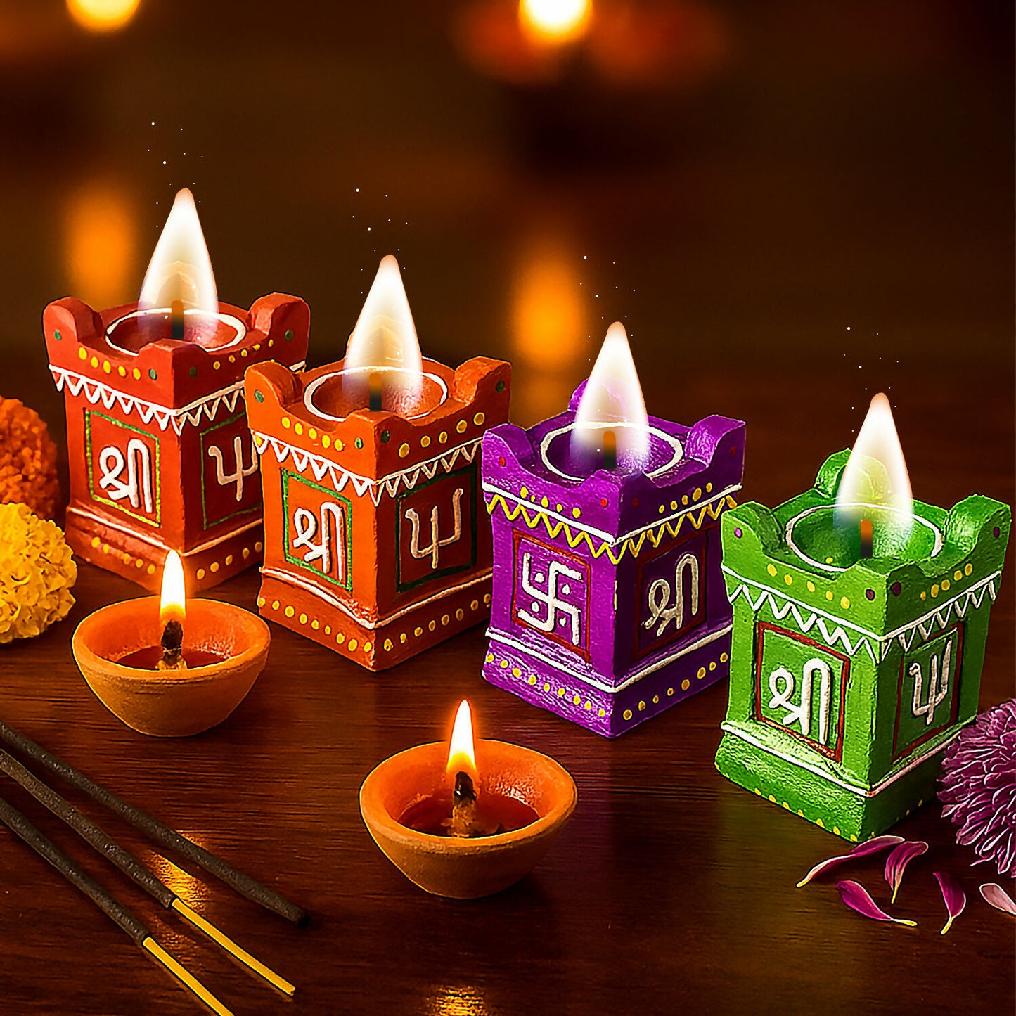 Traditional Handcrafted Square Diya Set of 4 – Decorative Clay Oil Lamp with Swastik & Shree Design for Festivals & Pooja