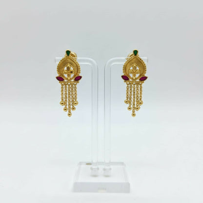 Side view of elegant lightweight gold-plated jhumka earrings with delicate golden beads