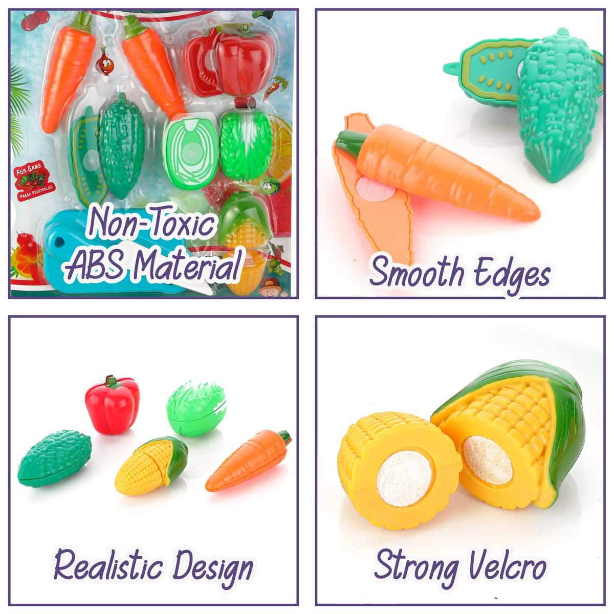 Four square images show plastic vegetables, including a carrot, bell pepper, and corn, highlighting features like smooth