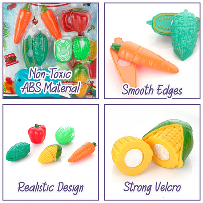 Four square images show plastic vegetables, including a carrot, bell pepper, and corn, highlighting features like smooth