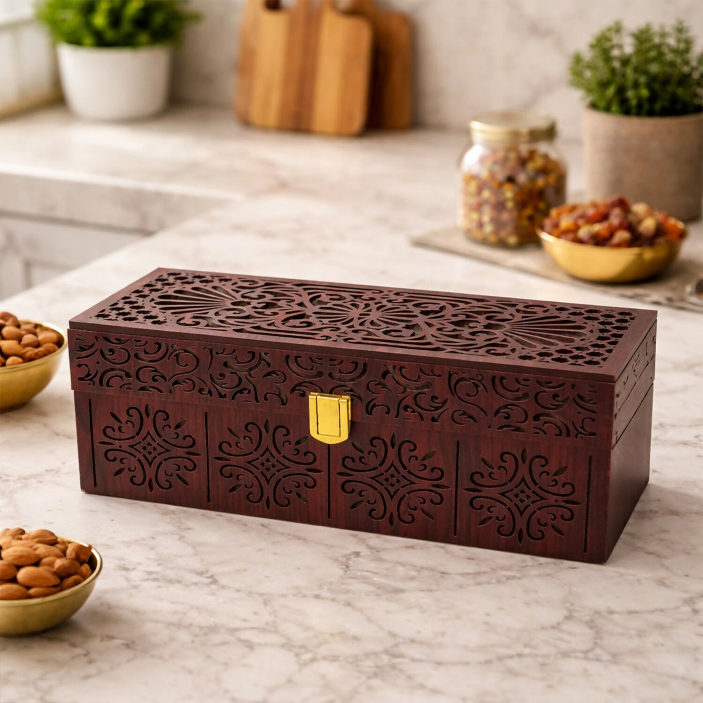 Wooden storage box showing hinged lid with metallic lock for dry fruits